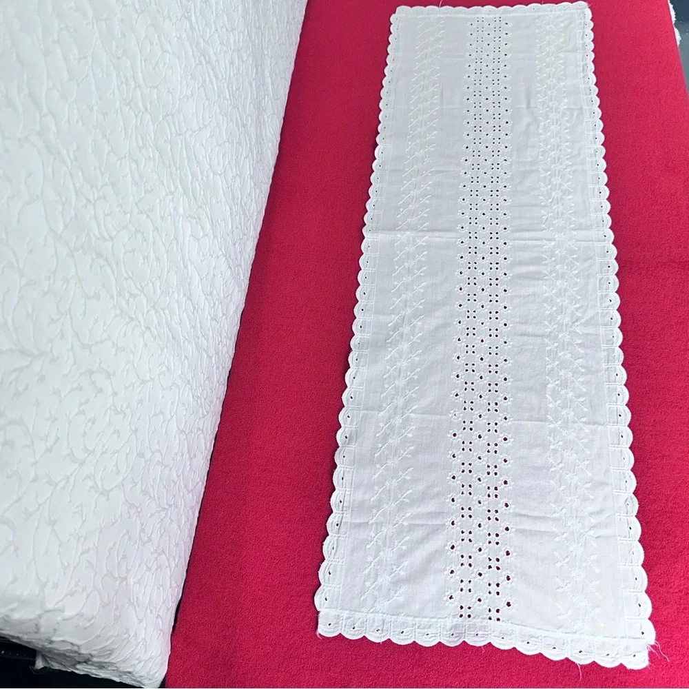 Vintage Table Runner Embroidered White Cotton Geometric Home Decor Lace Handmade